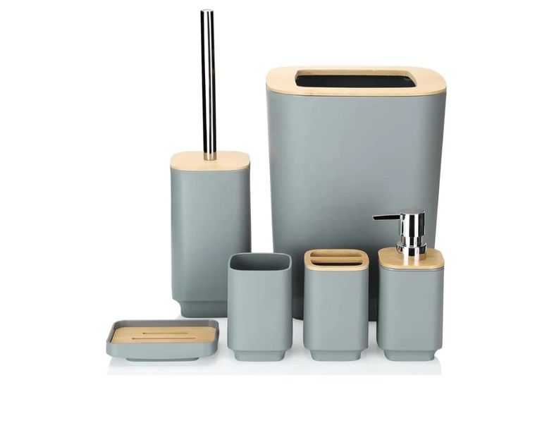 Elegant Bathroom Accessories Set of 6 Bamboo Room Set, Luxury Bathroom Set
