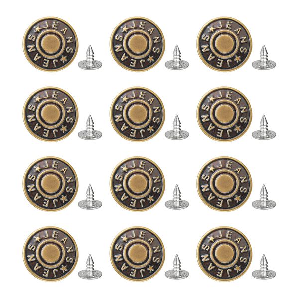No-Sew Jean Buttons, 12PCS 20mm Metal Tack Buttons for Jeans &amp; Trousers