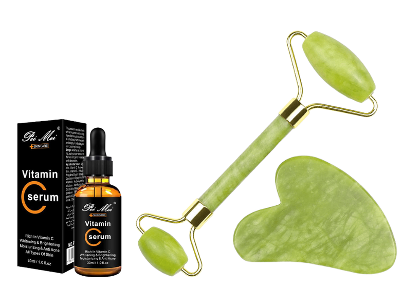 Real Stone Facial Jade Roller &amp; Gua Sha With Added Vitamin C Face Serum