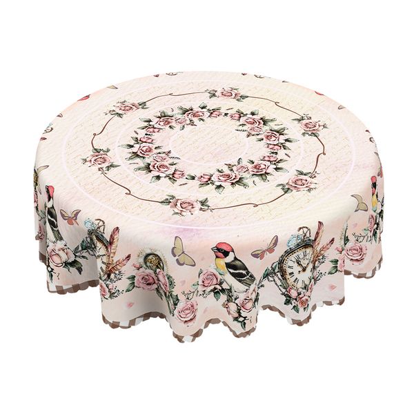 Vintage Floral &amp; Clock Pink Tablecloth for Romantic Dining &amp; Home Decor