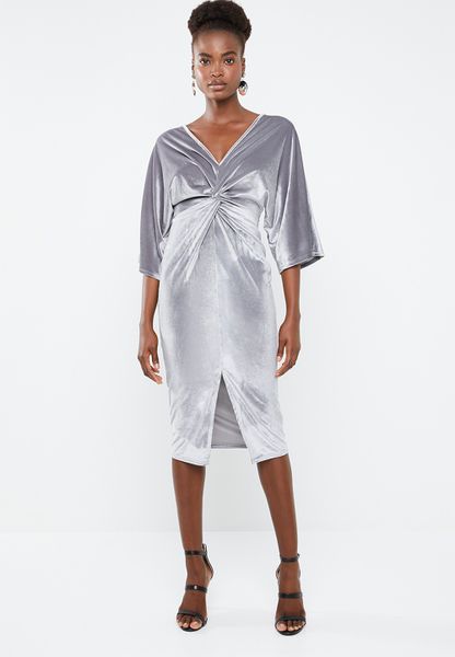 Women's Missguided Velvet Plunge Twist Front Maxi Dress - Grey