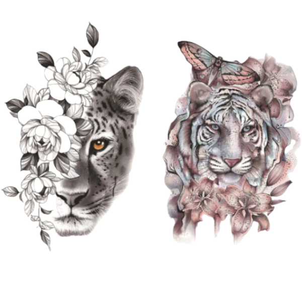 Intricate Lion and Floral Design Tattoo Set - Multicolor