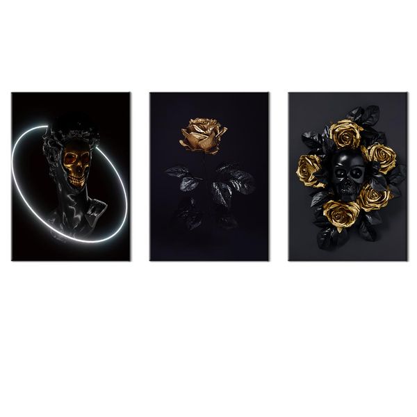 Canvas-Art-3 Pieces Black &amp; Gold Rose With A Skull Wall Art