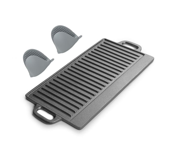 Cast Iron Reversible Griddle Pan 50x23cm with one pair Silicone Oven Gloves