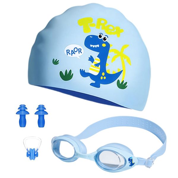Kids Swimming Goggles Silicone Cap Set with Ear Plug &amp; Nose Clip
