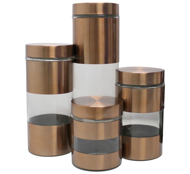 4 Piece Food Storage Jars - Broad Glass with Stainless Steel Casing