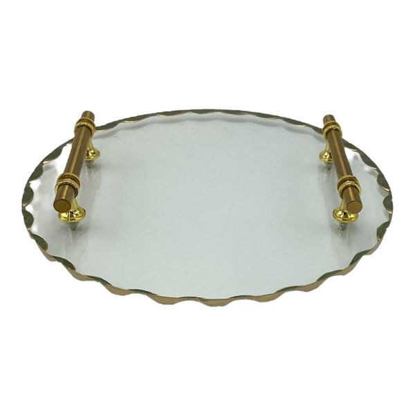 Tray 30cm Round Glass With Gold Border &amp; Handles