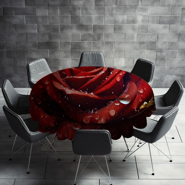 Vibrant Wet Rose Round Tablecloth