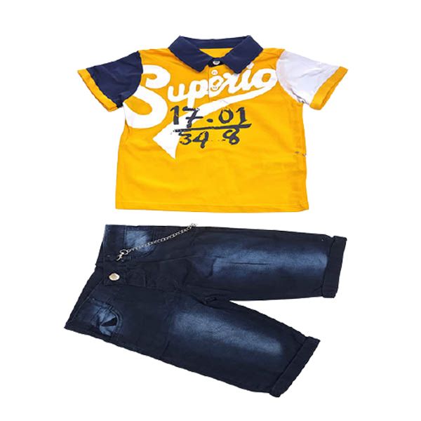 Boys Yellow Printed Golf T-shirt with Blue Denim Jean Shorts