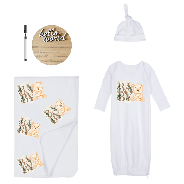 New Born-Sleeping Bag, Swaddle, Hat &amp; Birth Announc-Hello World-Peek-A-Boo