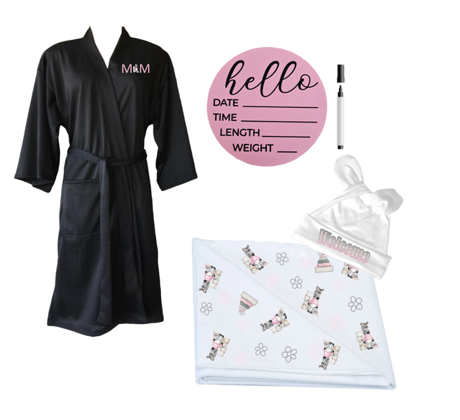 Mom &amp; Me Set - Printed Gown, Swaddle &amp; Milestone Board - Pink Zebra