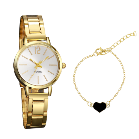 Gold-Toned Quartz Watch & Heart Bracelet Set - Black And Gold Image