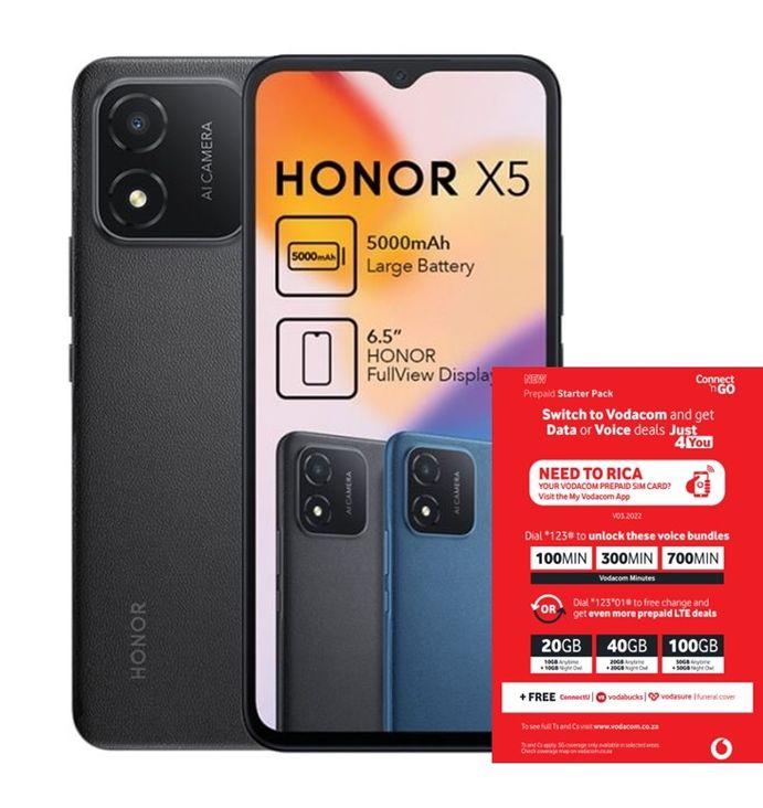 Honor X5 32GB Dual Sim - Midnight Black + Vodacom Sim Card Pack