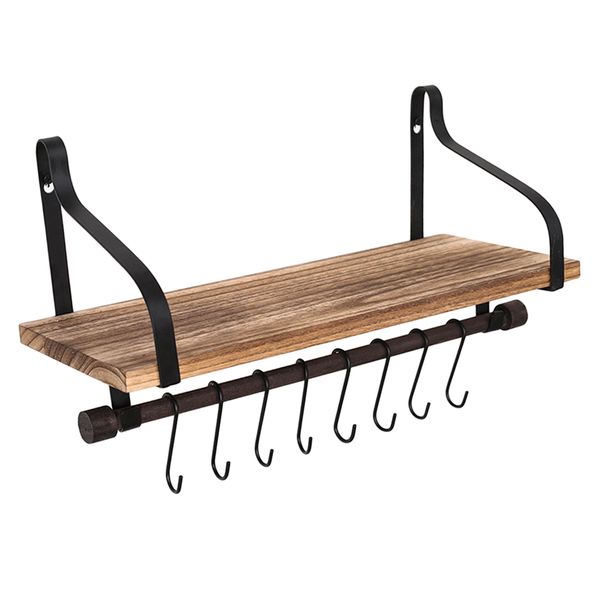 Wood Wall Shelf Household Hanger Storage Shelves With Hanging Metal Hooks
