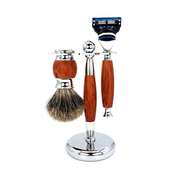 3 In 1 Luxury Salon Wood Handle Razor Brush Shaving Set For Men