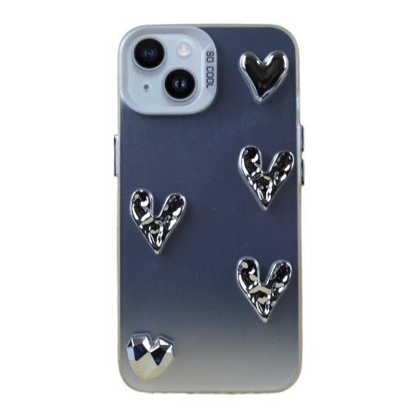 3D Metallic Heart Phone Case Compatible With Phone 14 - Silver