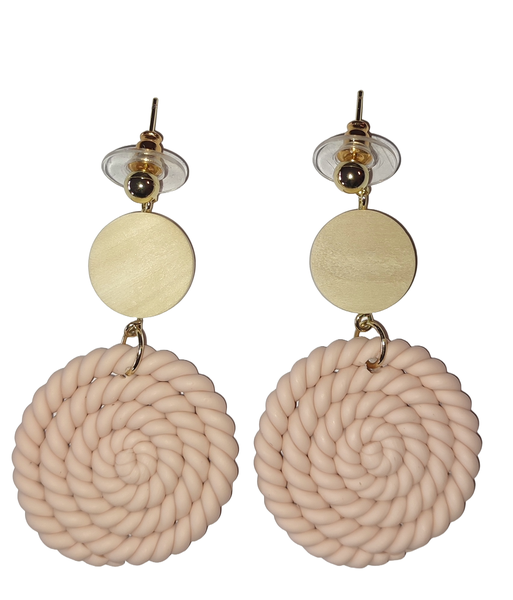 Woven Pink Pottery and Wood Drop Earrings