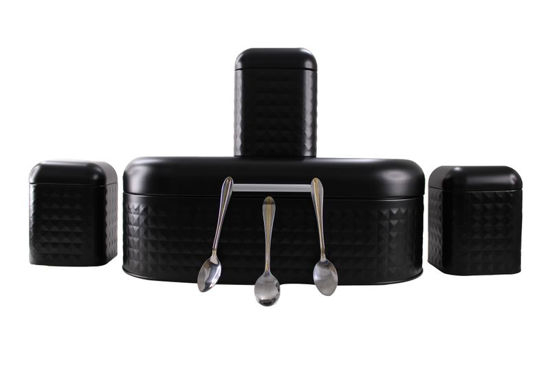 Embossed 2-Loaf Bread Bin &amp; 3 Piece Canister Set with 3 Golden Strip Spoons
