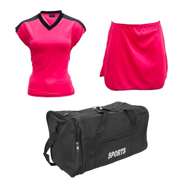 Netball Top &amp; Skirt Kit Set for Womens Team of 10 - Neon Pink - Black &amp; Bag