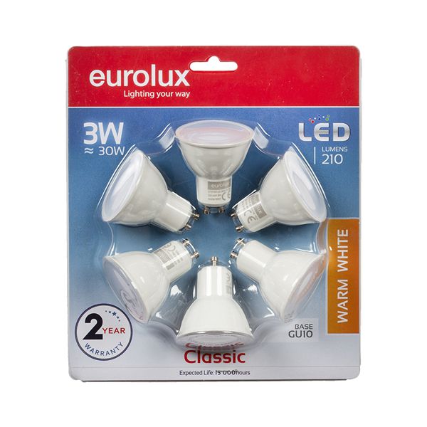 Eurolux - LED Plastic GU10 3W Warm White 3000K (6 Pack)