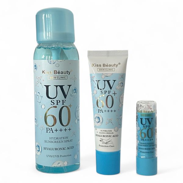 Set of 3 - Kiss Beauty Hyaluronic Acid Sunscreen Spray Lip Balm Hand Cream
