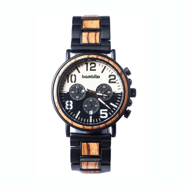 Bambloo Half Moon Wooden &amp; Stainless Steel Chronograph Watch
