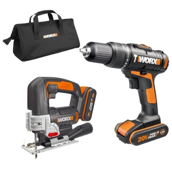 Worx - Cordless Hammer Drill, Jigsaw, 2 x 2.0A battery &amp; STD Charger - 20V