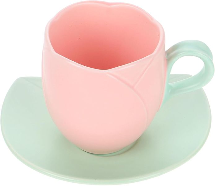 Ceramic Tulip Coffee Cup Saucer Set Blush Floral Mug Tea