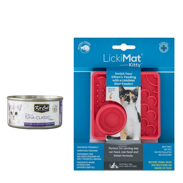 Lickimat Kitty Pink mat plus kit cat tuna classic topper tin