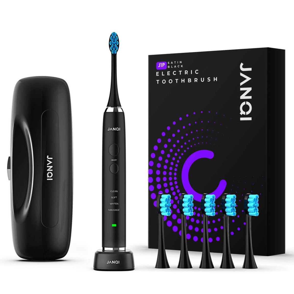 JANQI J1P Electric Toothbrush with 6 Procare Brusheads & Travel Case