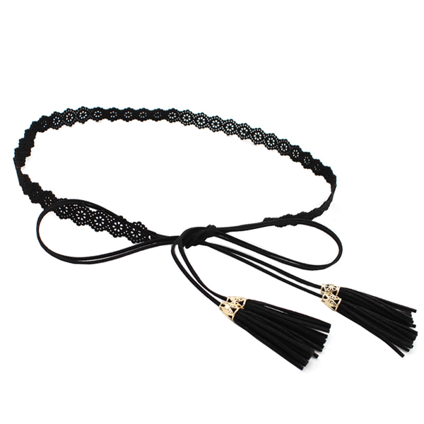 Women Dress Belt Decorated Tassel Waist Belt Rope - Black