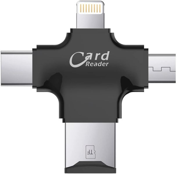 4-in-1 TF Card Reader for iPhone iPad Android &amp; Type-C Devices - Black