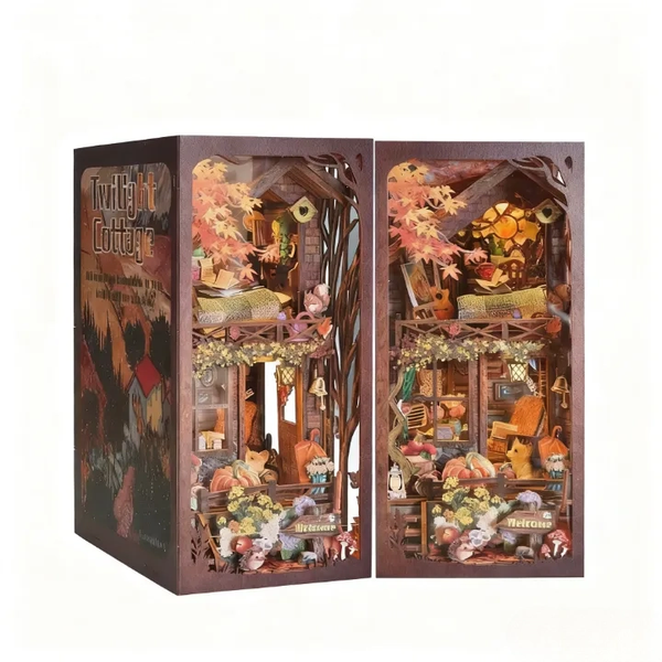 ABTOR DIY Wooden Book Nook Kit - Twilight Cottage Light-Up Bookend Decor