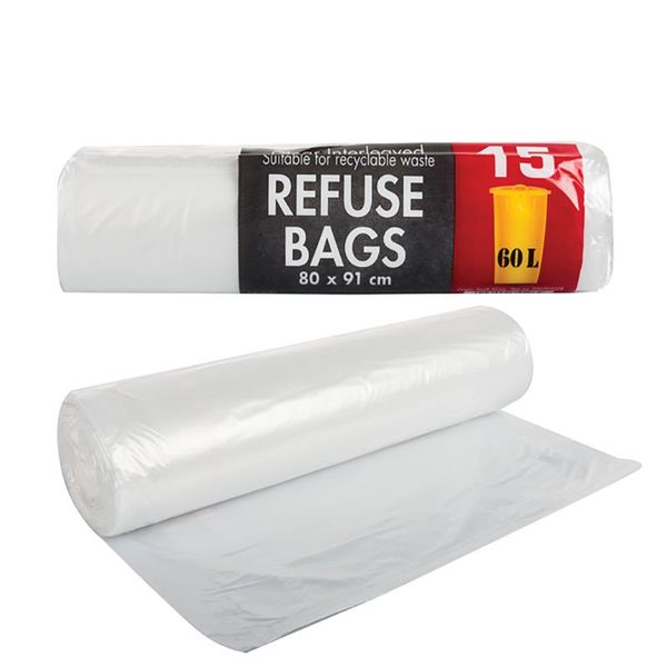 Transparent Plastic Recyclable Refuse Bag - 15 Bags per Pack (60L) - 6 Pack