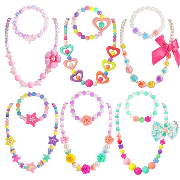6 Sets of Kids Classic Jewelry -Beaded Necklaces and Bracelets for Girls