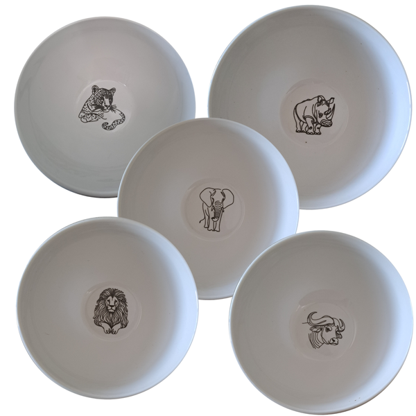 African Big Five White Porcelain Bowl set of5