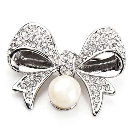 Elegant Crystal-Encrusted Bow Brooch Pin with Faux Pearl Drop Image