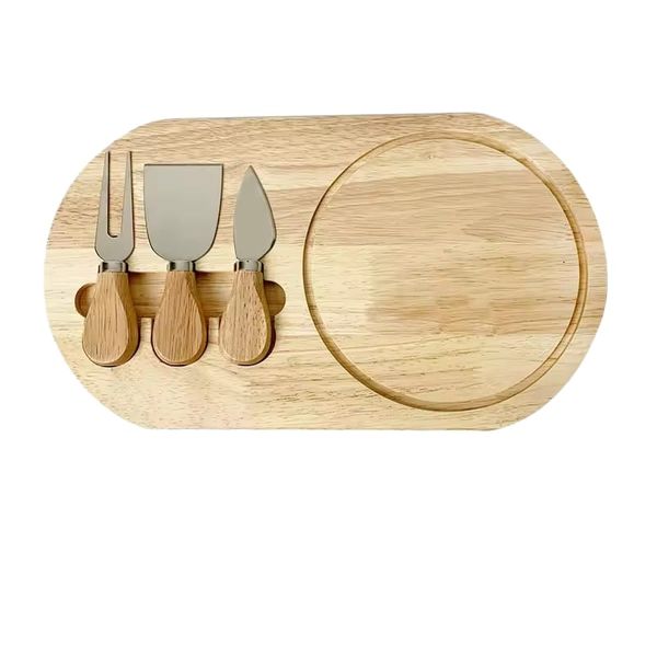 Bamboo Cheese Pizza Board with 3 Stainless Steel Cheese Knife Set