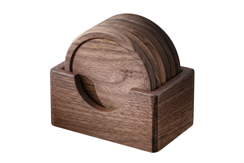 Round Walnut Coasters with Stand - Elegant Home Decor &amp; Housewarming Gift