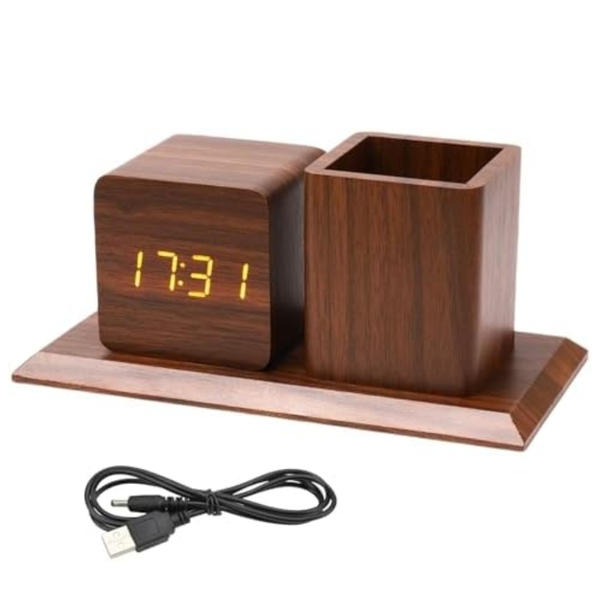 Dgital Pen Holder, 3 Level Brightness Wooden Desk Clock
