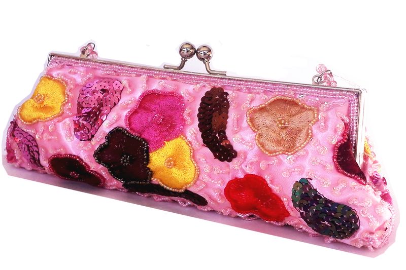 Lavanda Beads Floral Clutch Evening Bag With Beads Handle - Pink Floral
