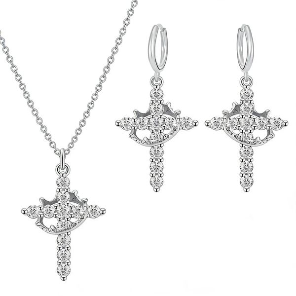 Cross Crown Necklace and Earrings Set for Women Sparkling Dainty Faith