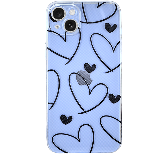 Clear - Phone Case with Big Black Hearts &amp; Pro Camera - Iphone 14 Plus