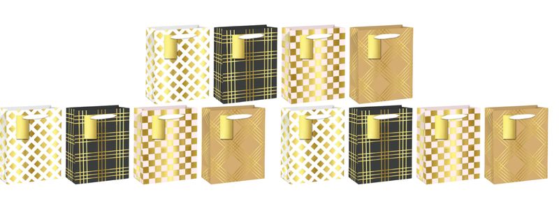 x12-Piece Scotch, Square &amp; Gold Pattern Gift Bags Set - 18 × 23 × 10cm.