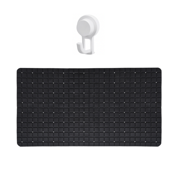 Anti-Bacterial Bath Shower Mat - Black + Wall Hook with Suction Cup