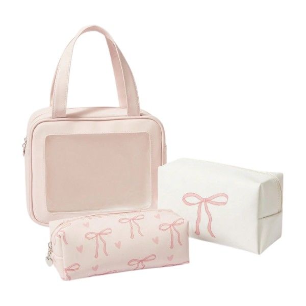 3 Piece - Cosmetic Bag Set With Blush Hearts &amp; Bows - White/Pink