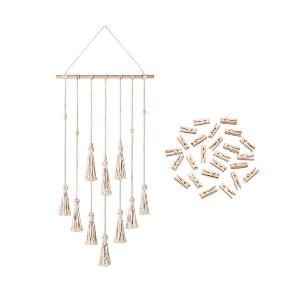 Hanging Photo Display Boho Macrame Wall Decor with 20 Wood Clips for Dorm