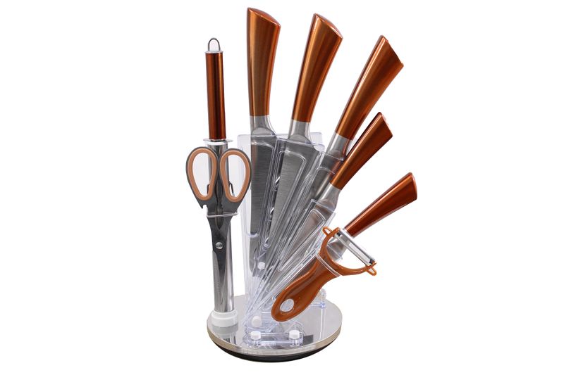 9 Piece Stainless Steel Kitchen Knife Set &amp; Rotating Stand - Copper
