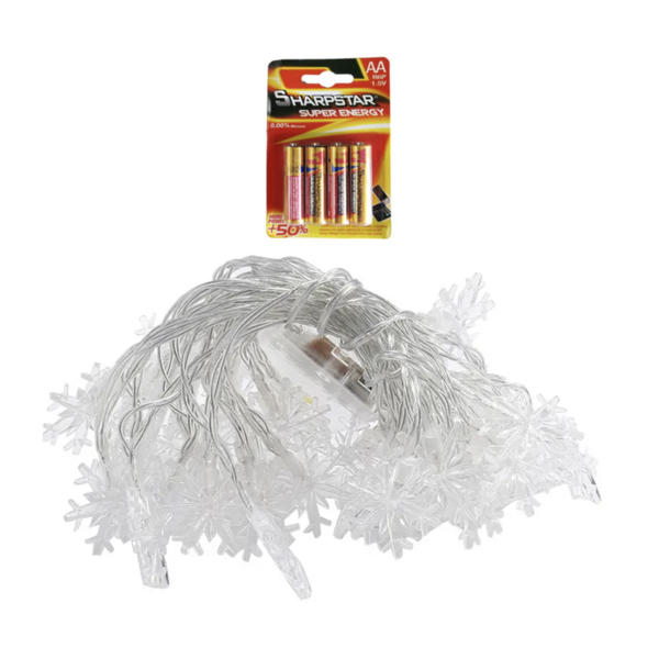 Battery-Operated 3m Warm White Snowflake LED Lights + 4x AA Batteries