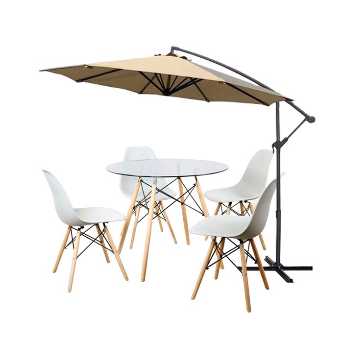 Perfect Set Garden Glass Table, 4 White Chairs, Cantilever Umbrella 6